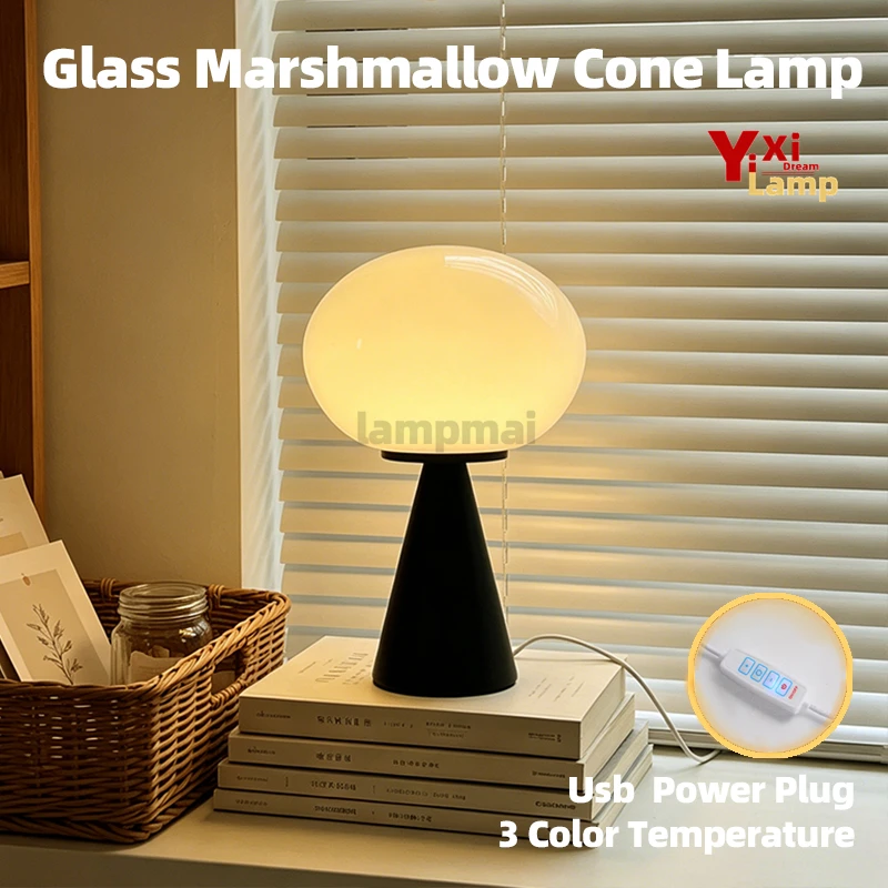 

Murano Glass Marshmallow Black Cone Base Lamp, 3 Color Temp Dimmable Bedside Light, Decor Desk Light for Bedroom & Dorm Room