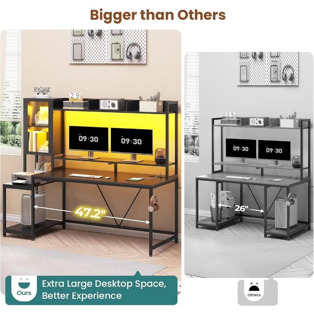 مكتب ألعاب، مكتب ألعاب 60 بوصة مزود بمصباح LED، مكتب كمبيوتر مع أرفف تخزين، مكتب ألعاب كمبيوتر كبير مع شاشة C