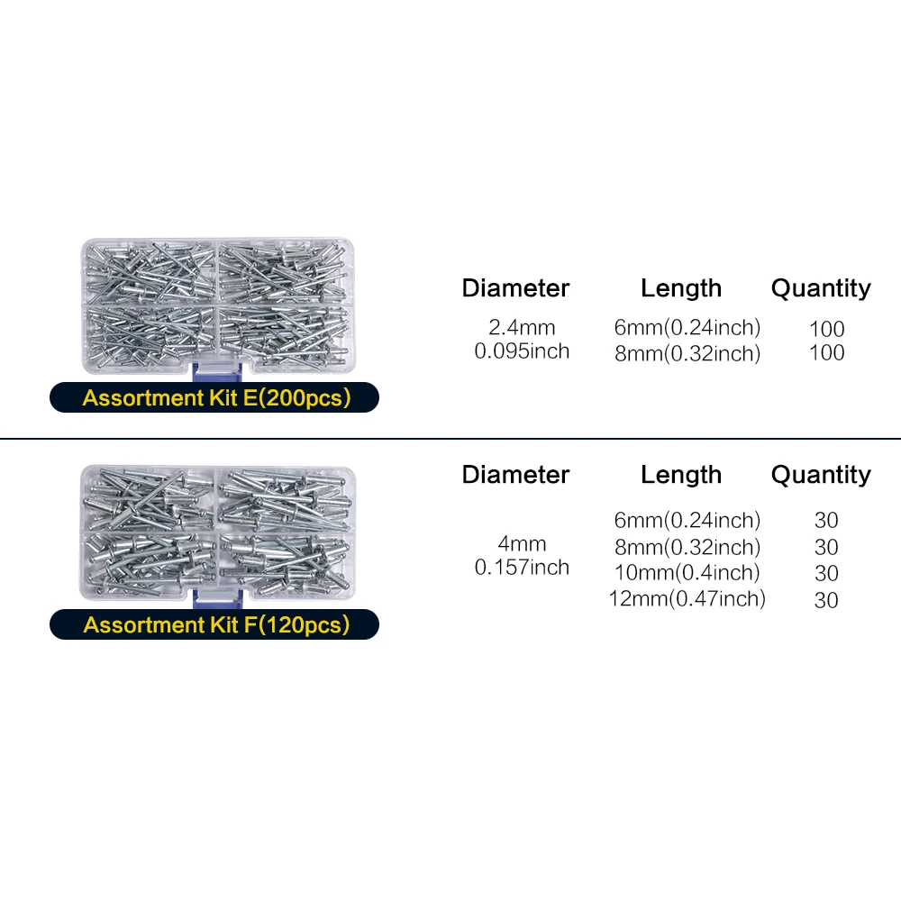 مجموعة متنوعة من مسامير البوب 120/ 200 قطعة، 14 مقاسًا من المسامير الألومنيوم العمياء (3/32 بوصة 1/8 بوصة 5/32 بوصة 3/16 بوصة) مسامير أعمى متنوعة #2