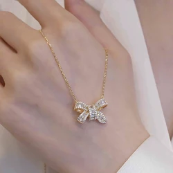 1PC Bow Cubic Zirconia Pendant Necklace Stainless Steel Chain Girls Jewelry Banquet Daily Wear Gift