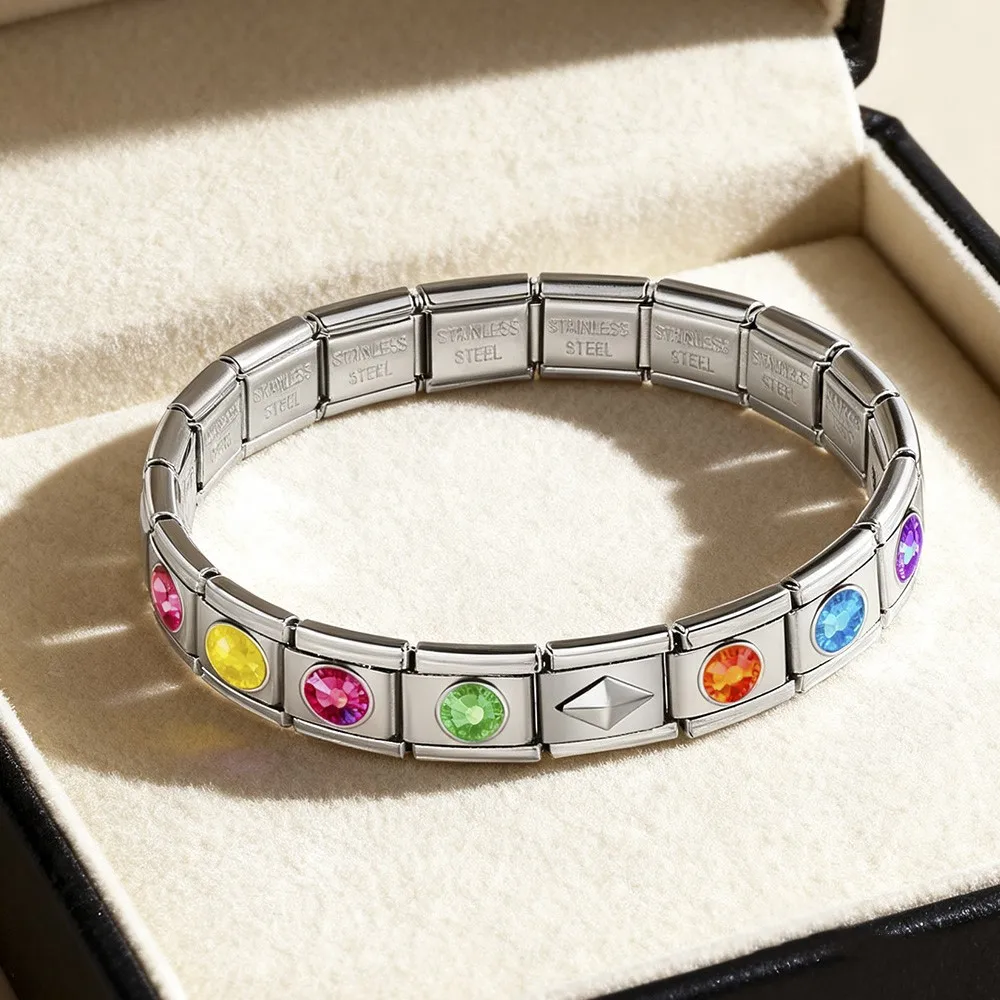 Elastic Charm Italian Link Fit 9mm Stainless Steel Jewelry Creative Colorful Fluorescence  Stone Silver Bracelet Making DIY