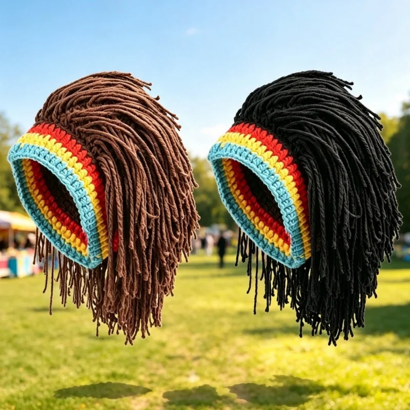 Men False Braid Dreadlocks Synthetic Wigs Beanie Caps Handmade Knitted Hat African Jamaica Wig Halloween Cospaly Party Headwear