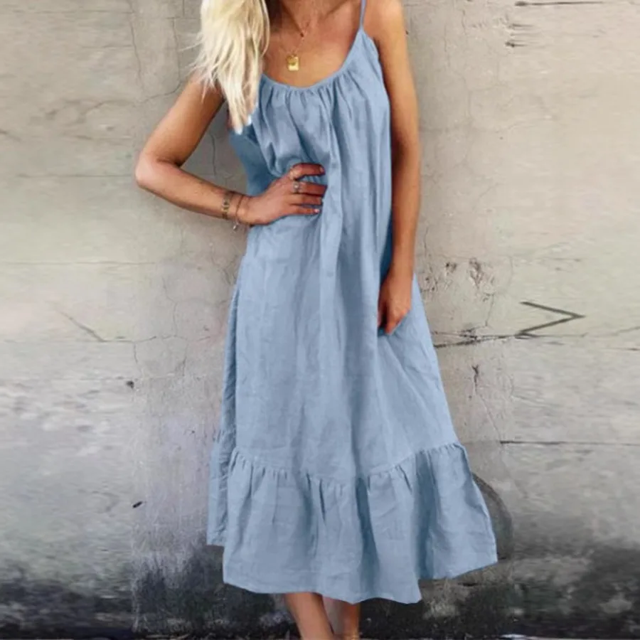 

【New style】- European and American women's clothing spring and summer sling solid color ruffled sleeveless dress