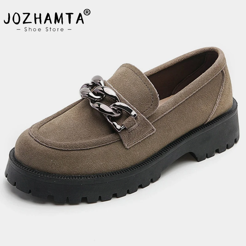 JOZHAMTA Size 34-42 Casual Loafers For Women Real Leather Flats Platform Shoes Fashion Chain Chunky Heel Ladies Retro Office