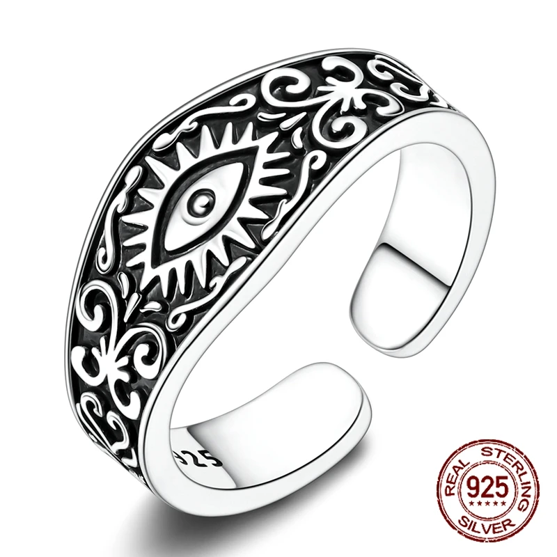 

925 Sterling Silver Evil Eye Open Adjustable Ring Oxidized Vintage Swirl Carved Boho Protection Amulet Jewelry for Men Women