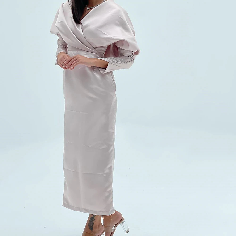 

Customized Elegant Bow Satin Off the Shoulder Evening Dress Modern V-Neck Straight 3/4 Sleeves Ankle Length Celebrity Gowns