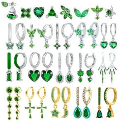 925 prata esterlina agulha elegante verde zircão hoop brincos para mulheres moda coração pingente brincos casamento jóias de luxo