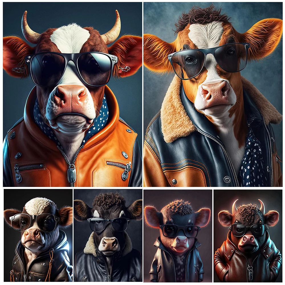 

Cow With Glasses And Coat Vintage Wall Art Canvas Painting Cool Cow Like A Human Art Poster And Print Home Decoration Unframed