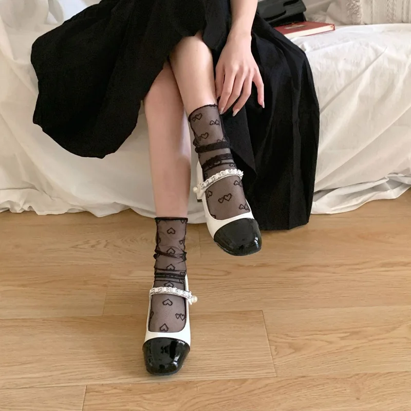 

Spring Summer Thin Heart Love Breathable Socks Ballet Style Jk Mid Tube Glass Silk Socks Transparent Sweet Girl Mesh Pile Socks