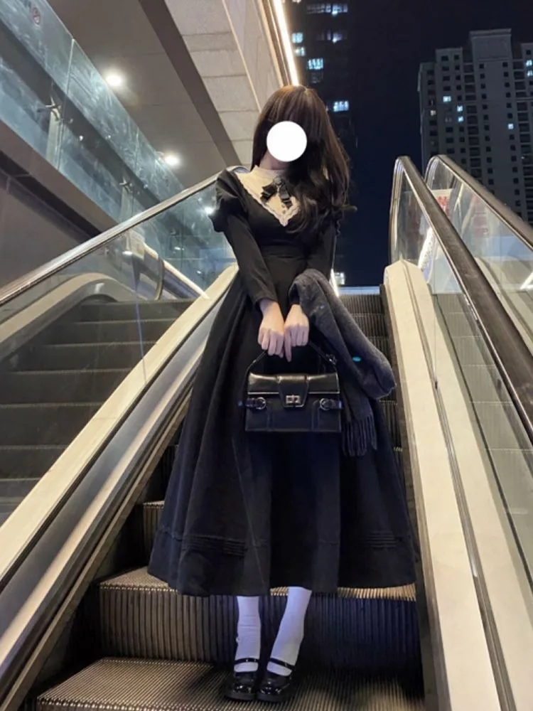 MAGOGO French Vintage Gothic Lolita Black Dress Elegant Bow Patchwork Detachable Sleeves Slim A-line Maxi Dresses for Women - Image 5