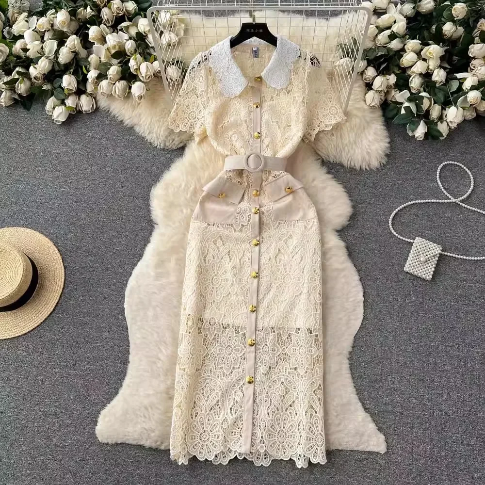 Vintage Women Luxury Lace Hollow Out abito lungo elegante piccola fragranza Ladies Summer Gold Button Dress Party Vestidos