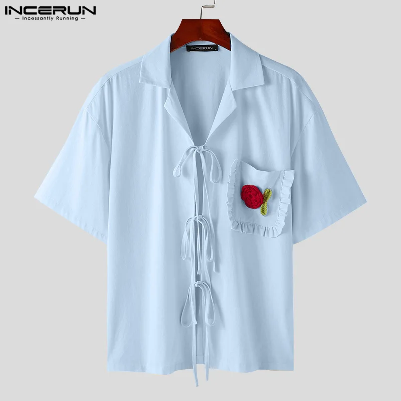 INCERUN Men Shirt Patchwork Lapel Short Sleeve Pockets Lace Up Casual Men Clothing Korean Style 2024 Summer Leisure Shirts S-5XL