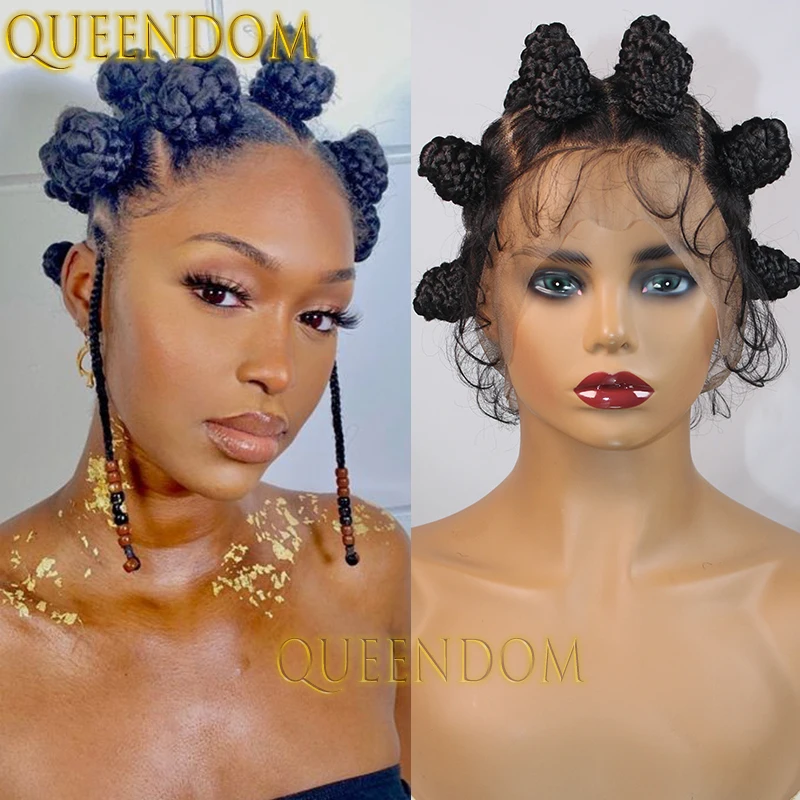 Full Lace Bantu Knots Synthetic Braid Wig Knotless Heat Resistant Crochet Braids Wigs For Black Women Distressed Box Braided Wig