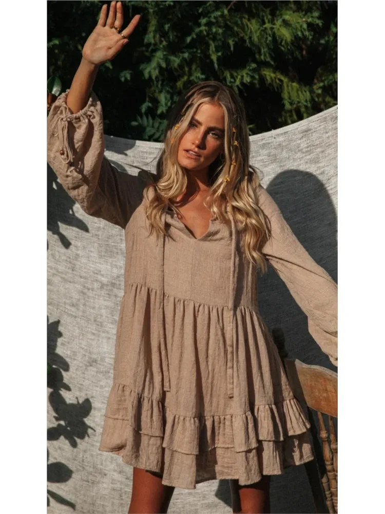 Spring Summer Loose Solid Women\'s Dress New Fashion V Neck Long Sleeve Beach Party Dresses Female Holiday For Women Robe Femme