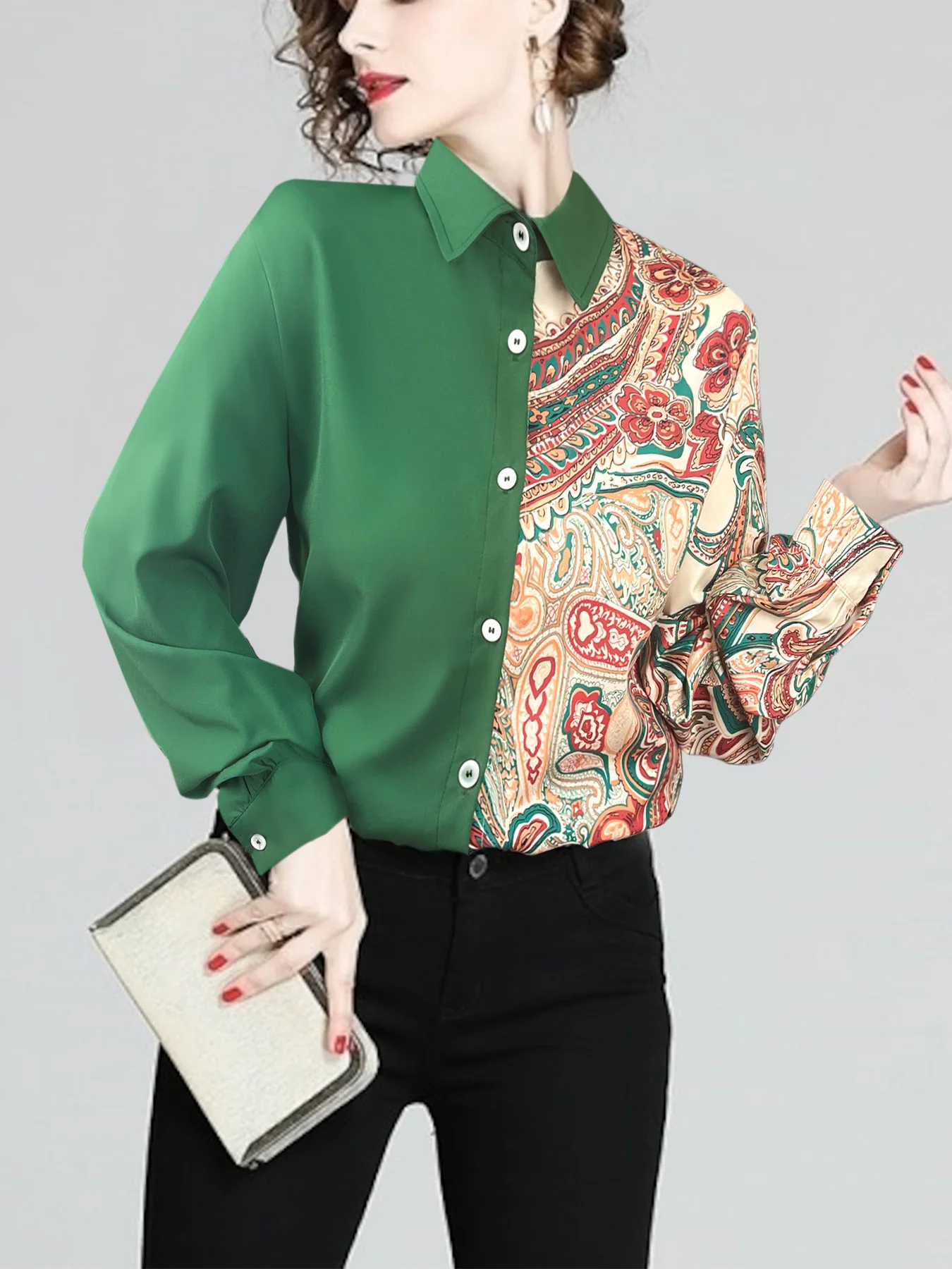 

Retro Fashion Half-and-Half Color-Block Printed Collared Versatile Women's Blouse
