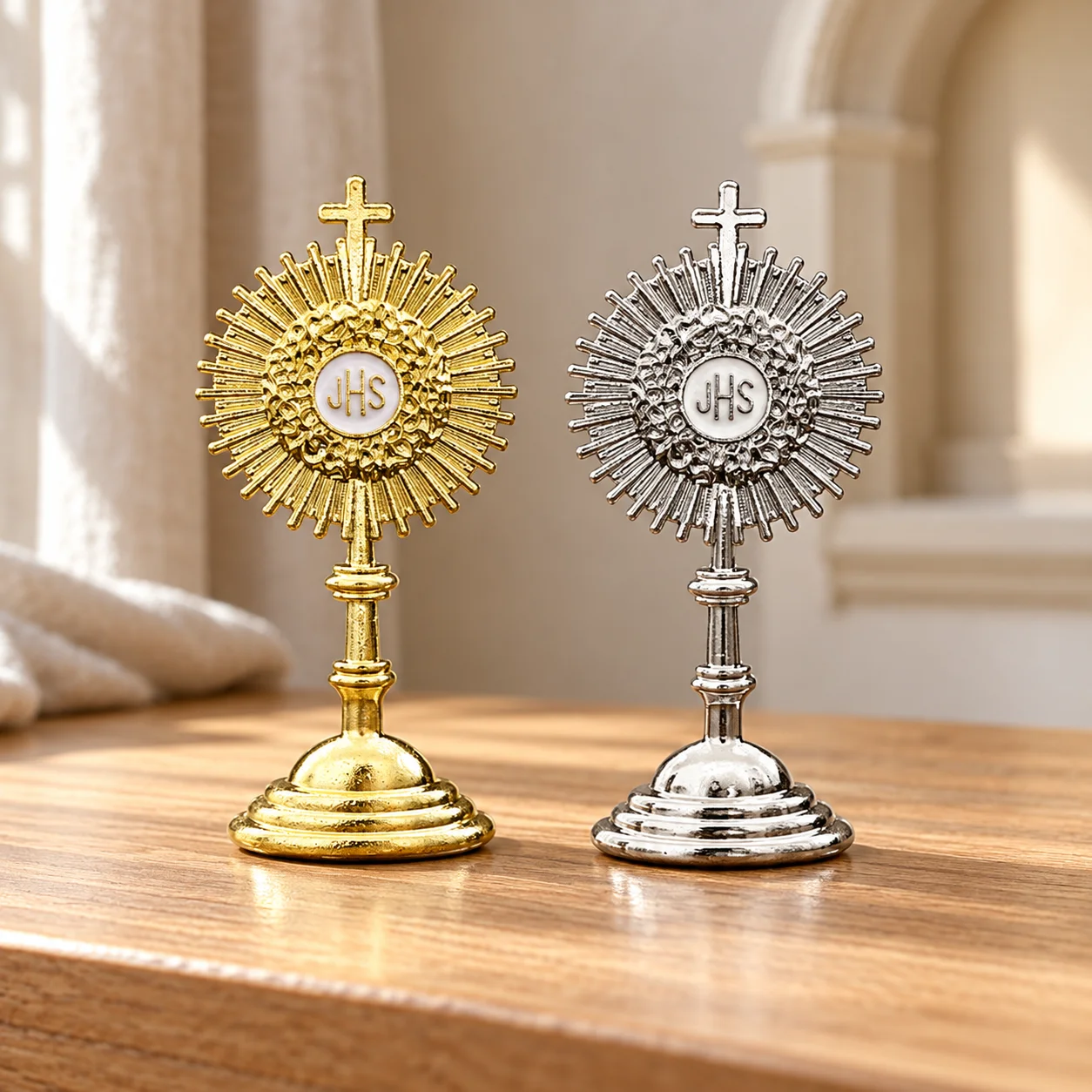 Mini Catholic Monstrance JHS Religious Ornament Gold Silver Alloy Miniature for Rosary Jewelry Making Gift