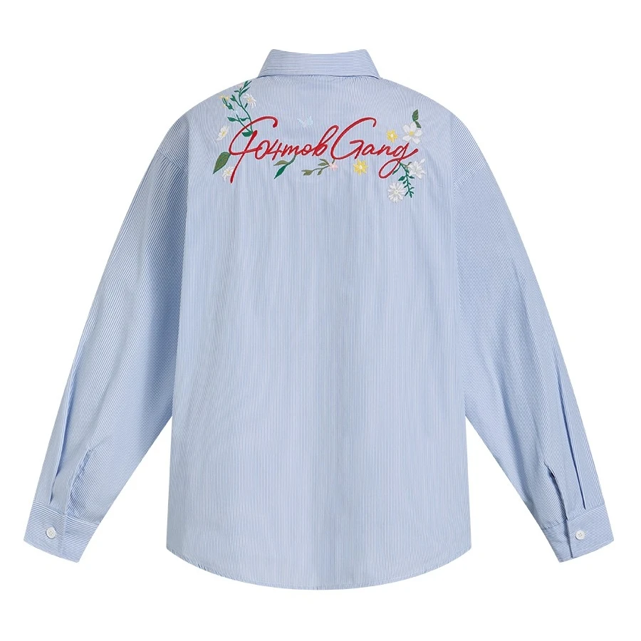Coreano na moda marca bordado floral gráfico camisas oversized manga longa turn-down colarinho blusas luz azul estética casual