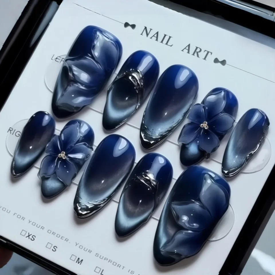 24 piezas de uñas postizas de cobertura completa con flores, degradado azul, almendra larga, diseño de perlas y estrella de mar, uñas francesas de presión 4