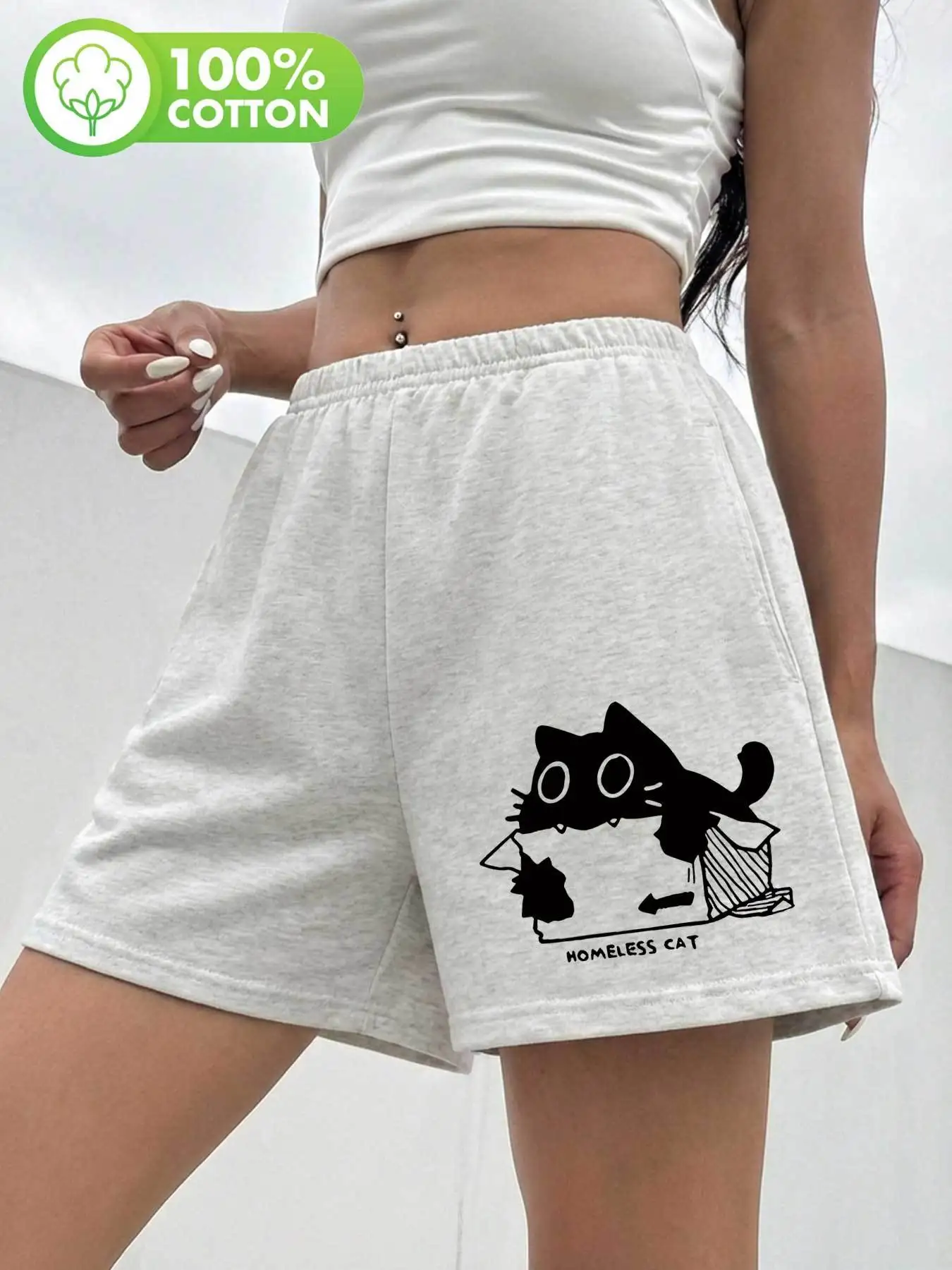 Spring/Summer Women's Pants Black and White Line Art Style Cat Cardboard Box Lines HOMELESS CAT Print Daily Casual