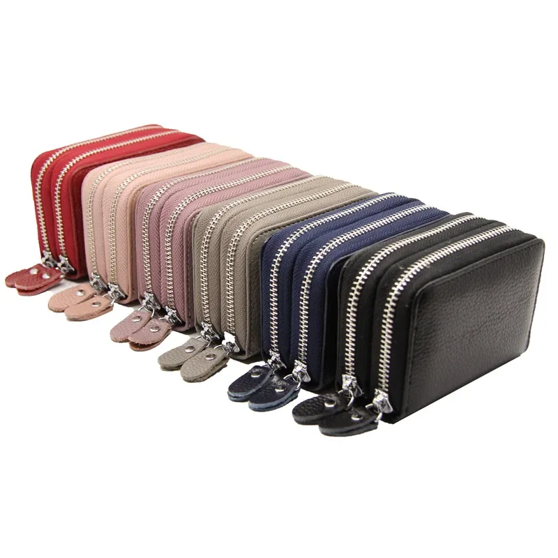 The First Layer of Cowhide Double Zipper Business Card Bag RFID Anti-theft Accordion Leather Multi-card Card Holder