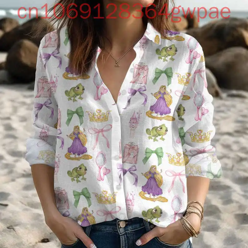

Disney Rapunzel Princess Womens Casual Blouses Shirt Summer Long Sleeve Buttons Beach Shirt Fashion Elegant Women Hawaiian Shirt