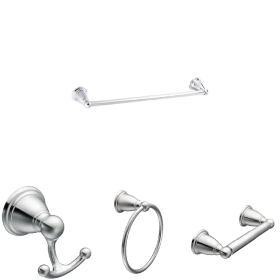 

Brantford Chrome Traditional Bathroom Accessory Bundle with 18-Inch Single-Towel Bar Robe Hook Hand-Towel Ring and Wall-Mounted