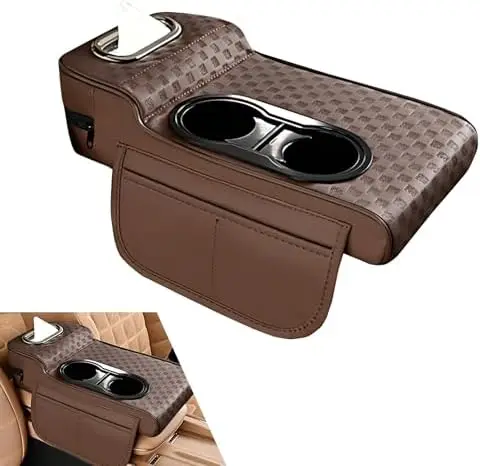 

Car Console Cover - Microfiber Leather with Storage, Cup Holders & Tissue Slot - Universal Fit (Coffee)