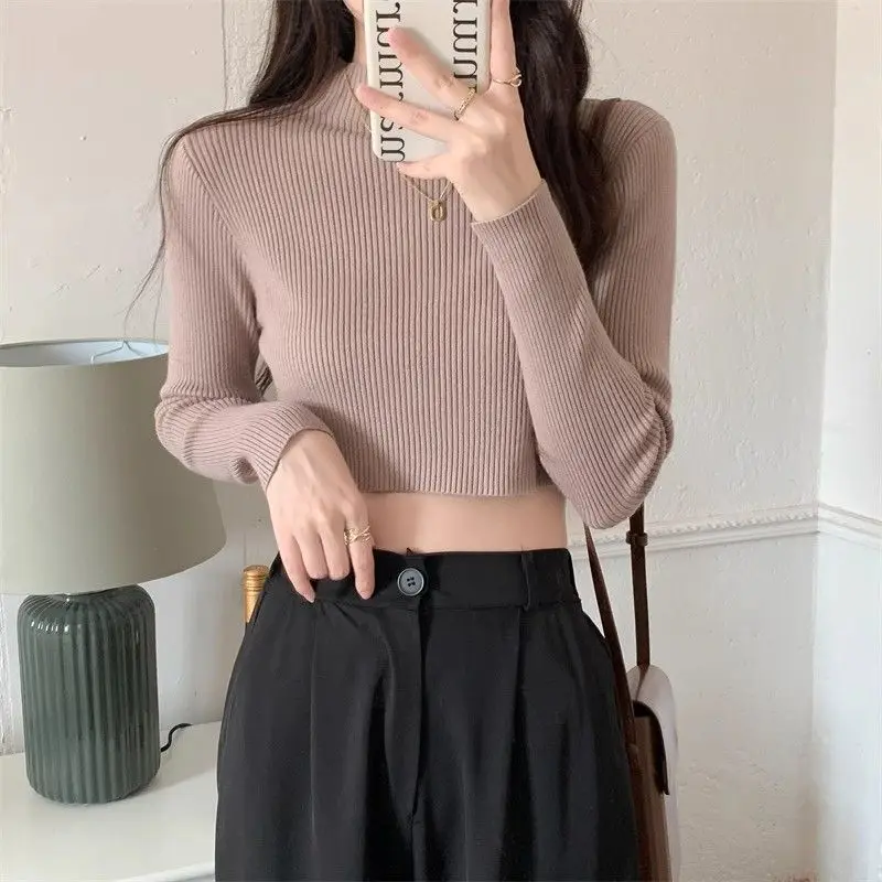 Soft Sticky Exposed Navel Short High Waisted Sweater with Long Sleeves Slim Fit and Slimming Knitted Base Sweater for Women