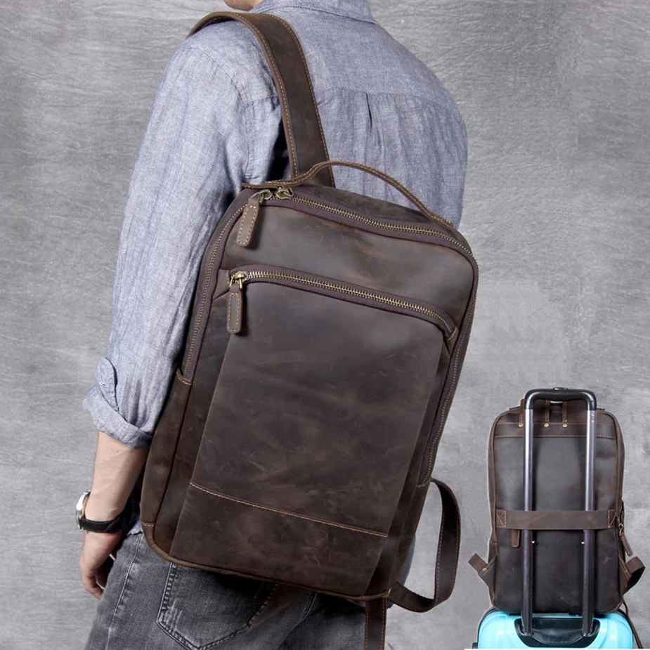 Vintage Crazy Horse Genuine Leather Backpack Men Computer backpack Hiking Bagpack Bag Cowhide Rucksack Male outdoor knapsack