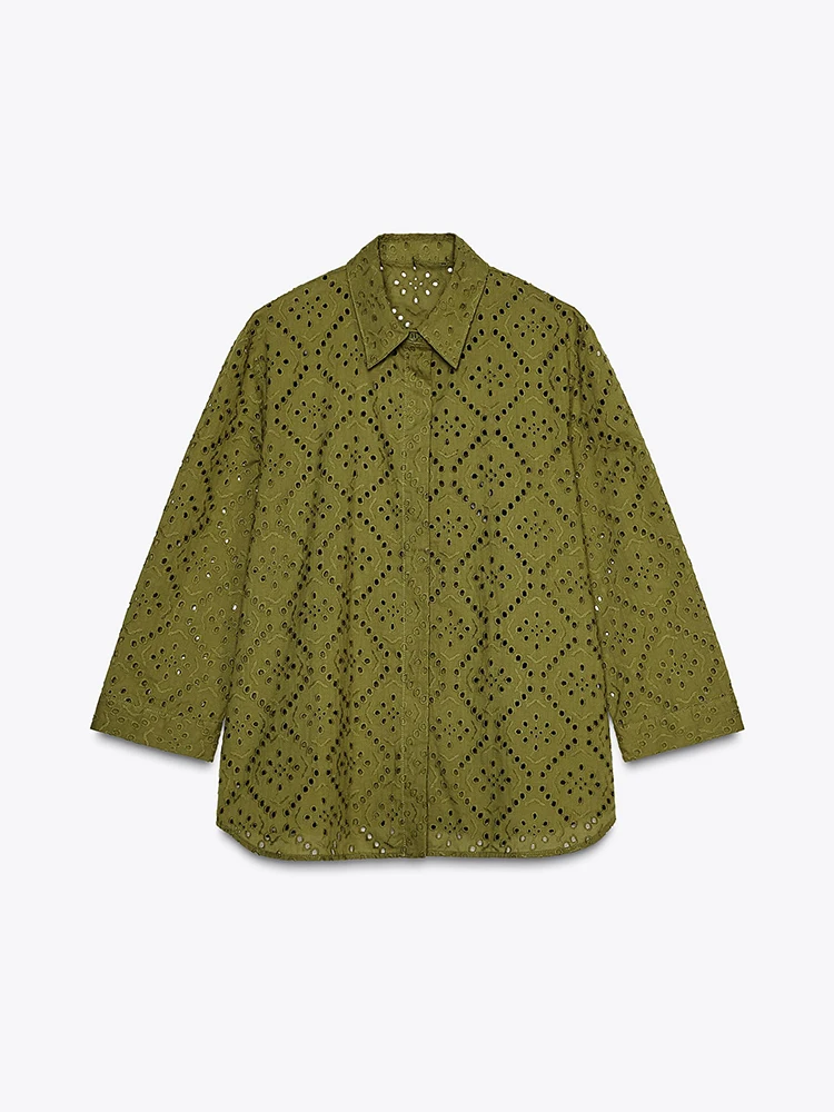 

Spring New Arrival Women's Casual Versatile Long Sve Hollow Embroidery Collar irt Loose Fit Commute Sle Seven Sve