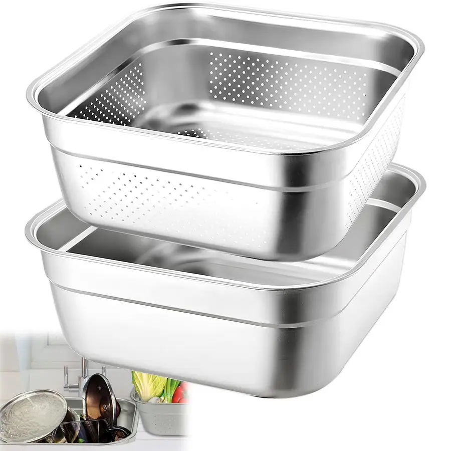 

Stainless Steel Washing Up Bowl Set, 12.8 Sturdy Square Dish Tub with Colander, Fruit Vegetable Washing Basin for Sink, Food Gra
