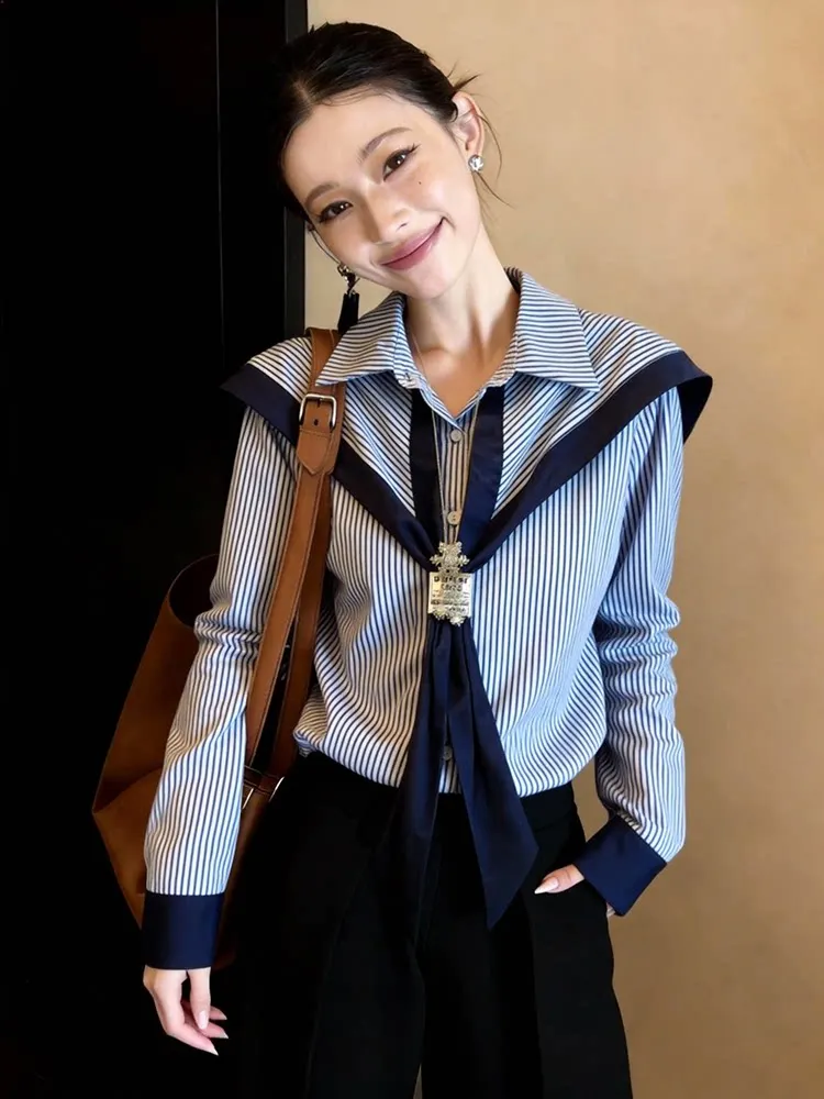 Vintage Women's Blouses Stripe Korean-style Shirts Fashion Loose Spring/Summer Clothing Long-sleeved Bow Women Top