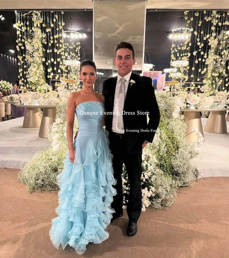 Qunque Elegant Sky Blue Organza Evening Dress Floor Length Sleeveless Ruffles Prom Gown Pleat Back Zipper Dubai Robes Habillées