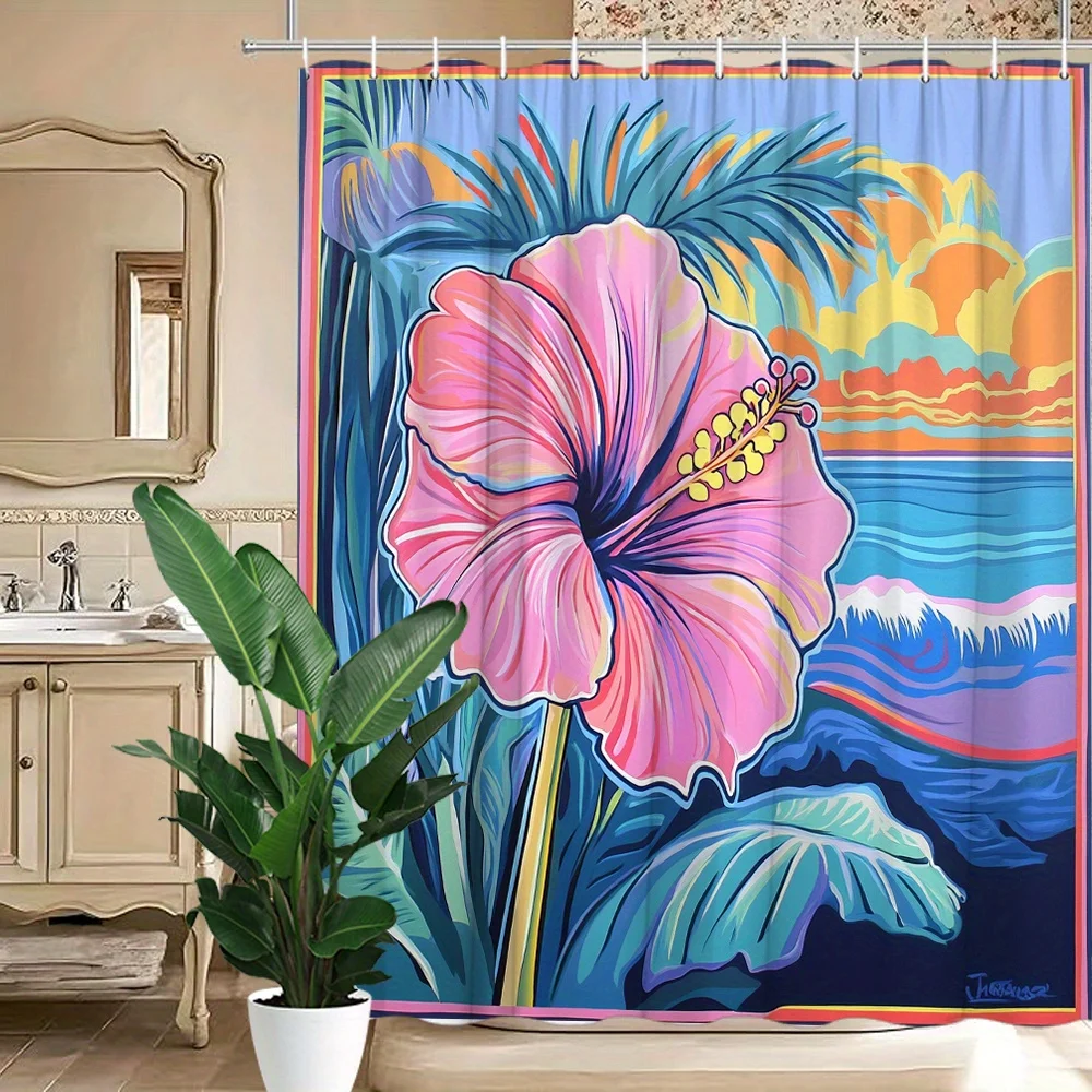 

Яркая занавеска для душа из тропического гибискуса с пальмовыми листьями и пляжной сцены заката - розовый, фиолетовый, желтый дизайн на голубой океанской спине
