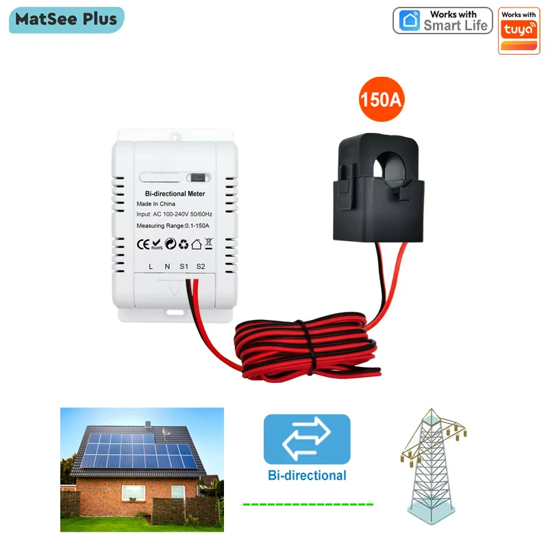 Solar PV Bidirectional Two Way Smart WiFi ZigBee Energy Meter 150A Clamp Current Transformer App Monitor Power 110V 240VAC