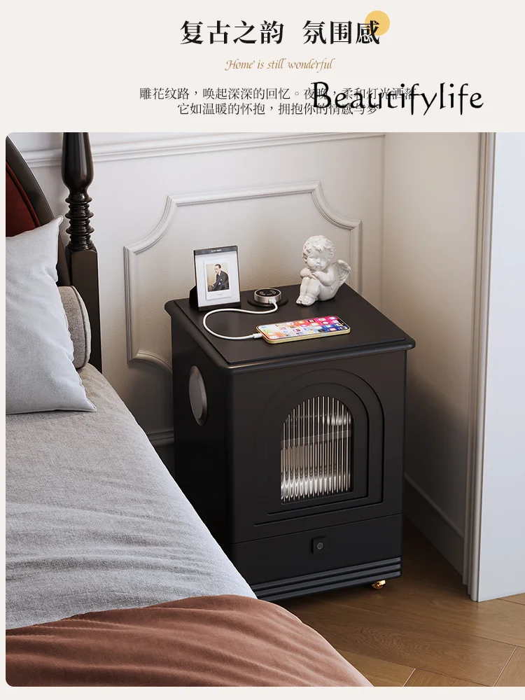 French Retro Smart Bedside Table Fingerprint Unlock Bedroom Bedside Storage Storage Narrow Cabinet