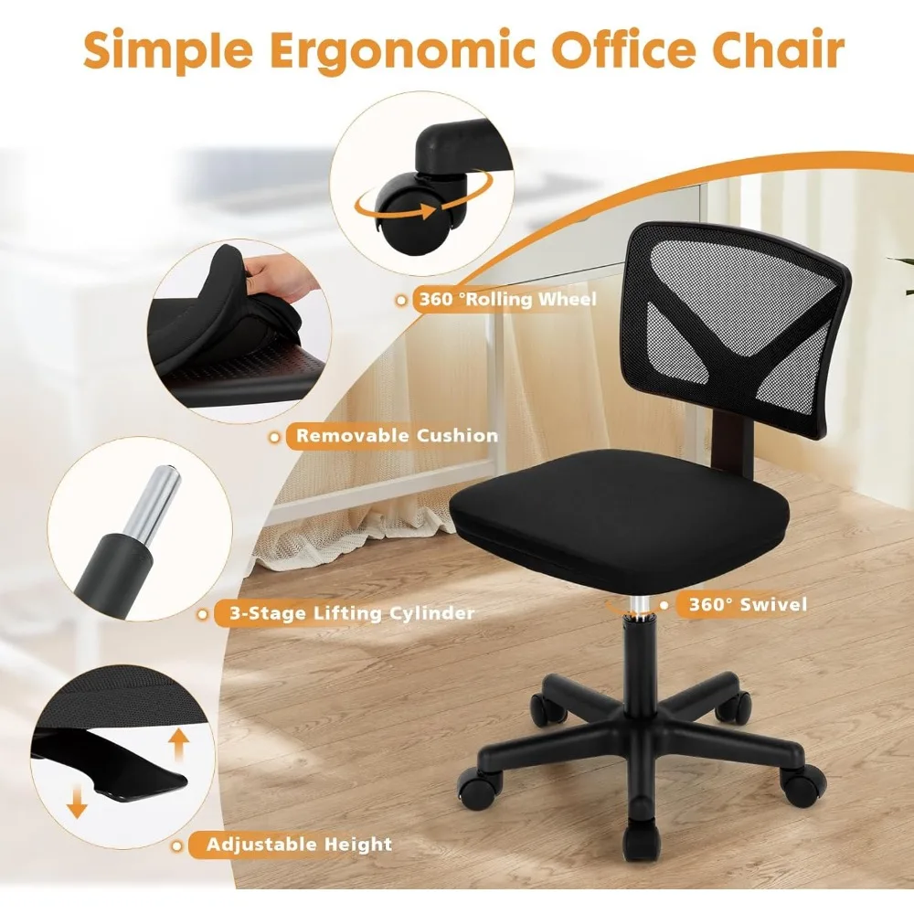 Armless Desk Chair - Small Home Office Chair with Wheels, Mesh Low Back Task Chair with Lumbar Support and Wheels