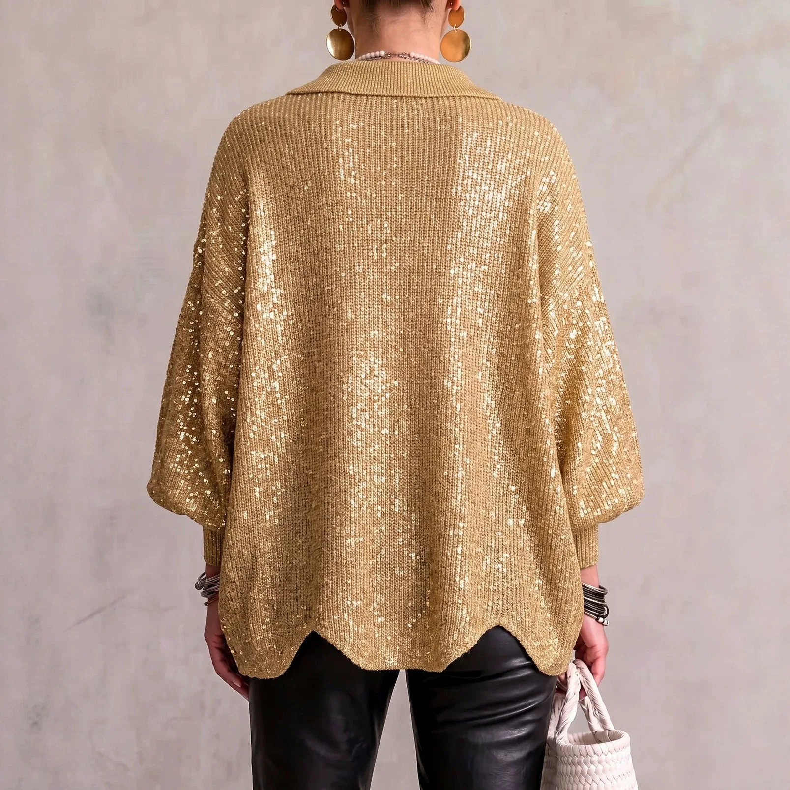 Women Sequin Knit Cardigan Coat Jacket Fashion Lantern Sleeve Wavy Hem Coat Autumn Winter Casua Button Glitter Outerwear