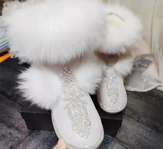 Winter Women Ivory Suede Plush Fox Fur Mid-calf Snow Boots Round Toe Crystal Rhinestone Warming Slip On Leisure Booties Cotton