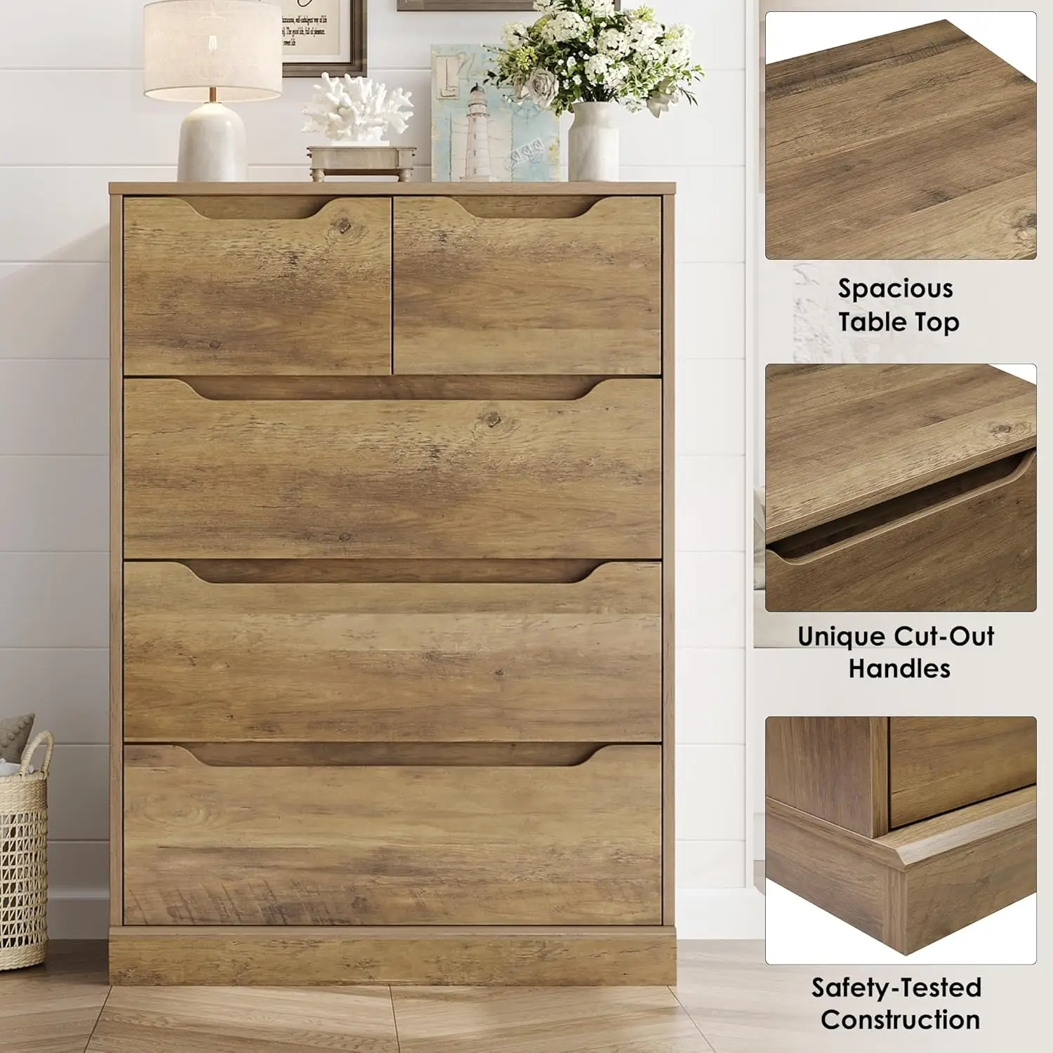 Modern 5 Drawer Dresser for Bedroom, Chest of Drawers with Storage, Wood Storage Chest Organizers