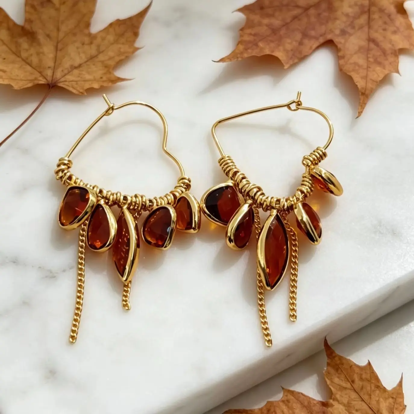 Retro Autumn Fall Statement Drop Earrings For Women Brown Imitation Amber Crystal Tassel Chain Dangle Earring Party Jewelry Gift