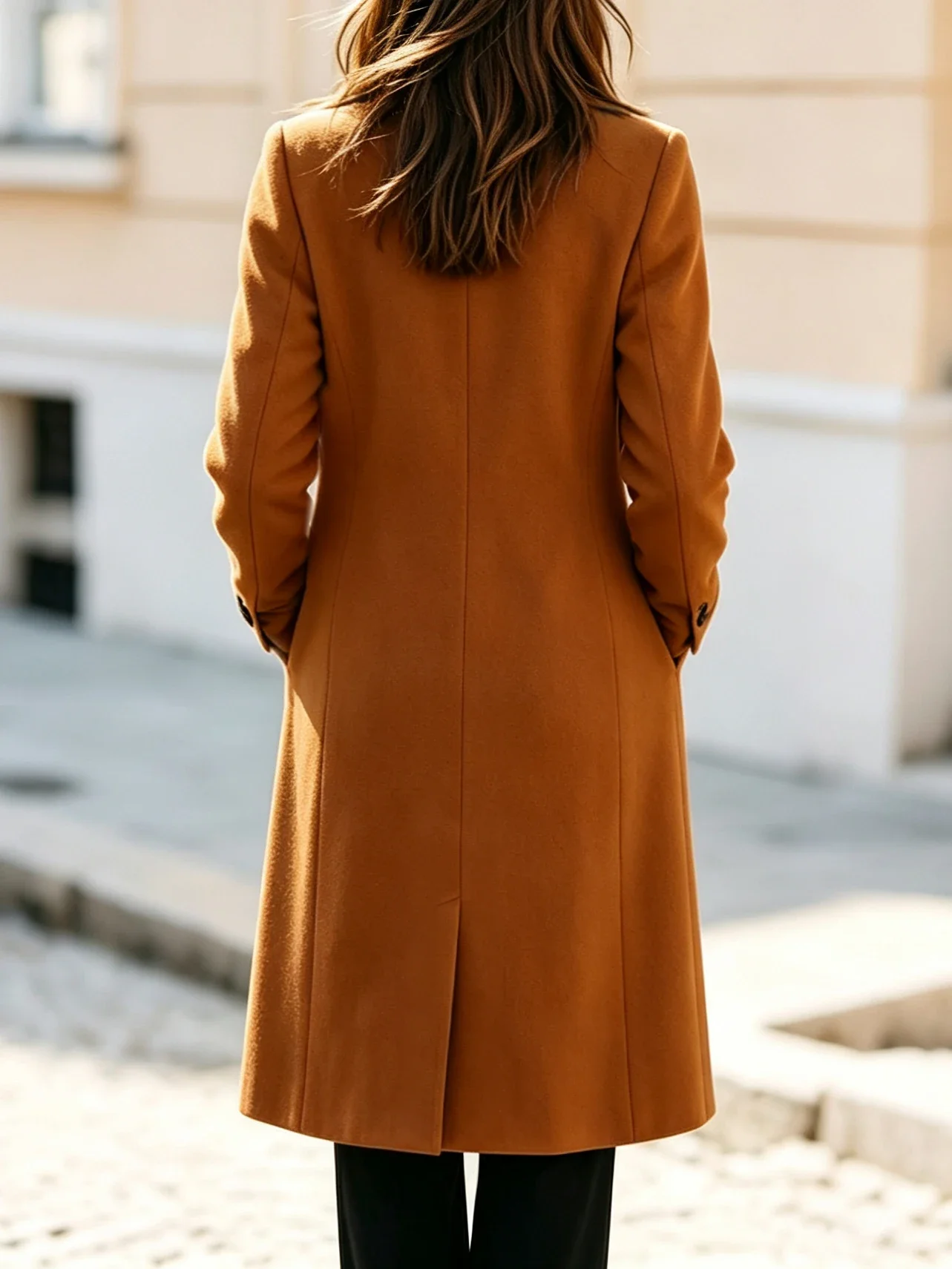 Autumn Winter Women Classic Wool‑blend Overcoat Notch Lapel Collar Double Breasted Long Sleeve Straight