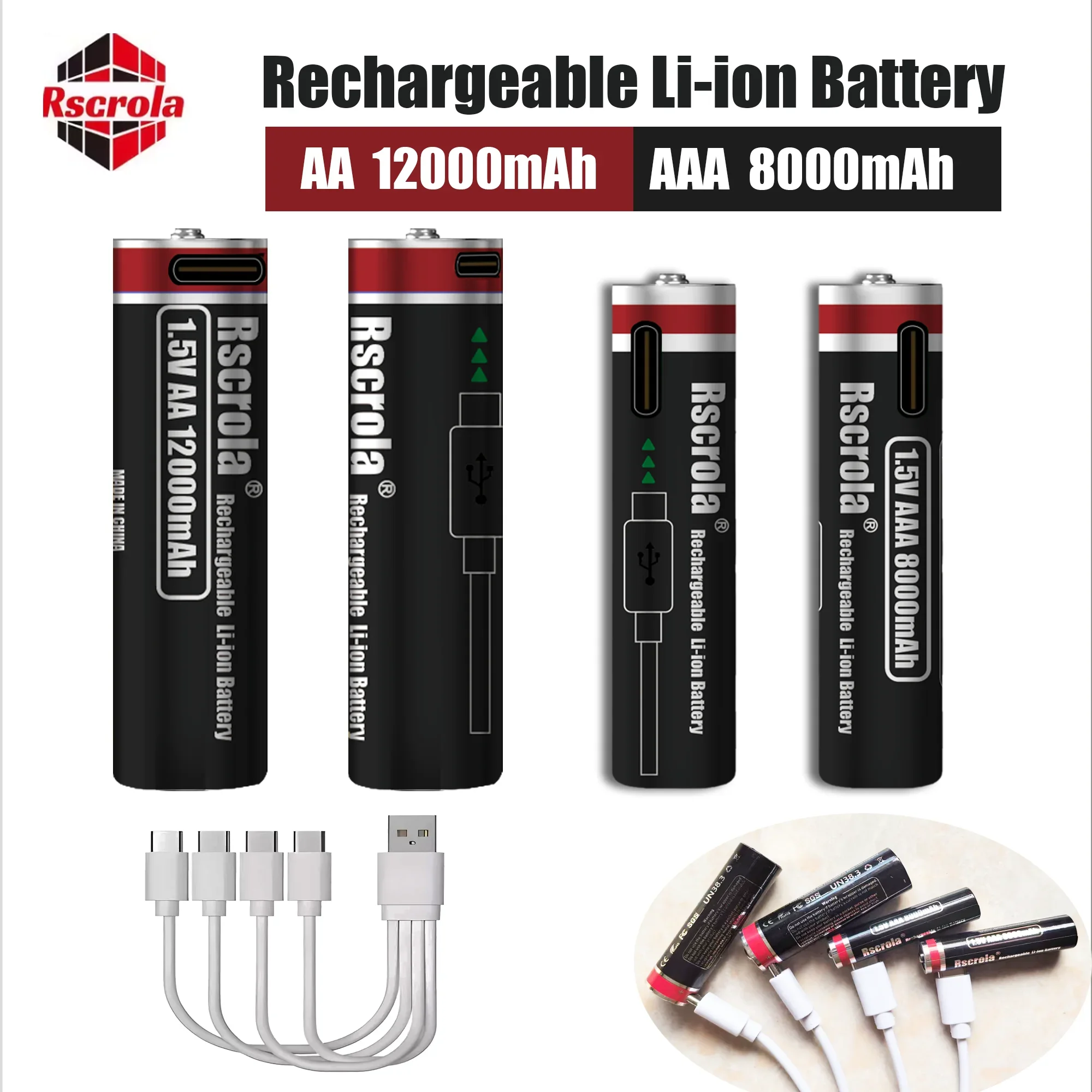 1.5V Rechargeable Li-ion Battery AA 12000mAh/AAA 8000mAh Type-C Fast Charge High Capacity， Cameras/Mouse/Xbox Controllers/Toys
