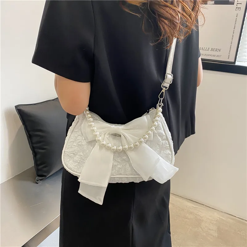 Summer New Women\'s Pearl Handbag Fashionable Trendy Bowknot Pleated Female Crossbody Bags Cute Versatile Single Shoulder Bag