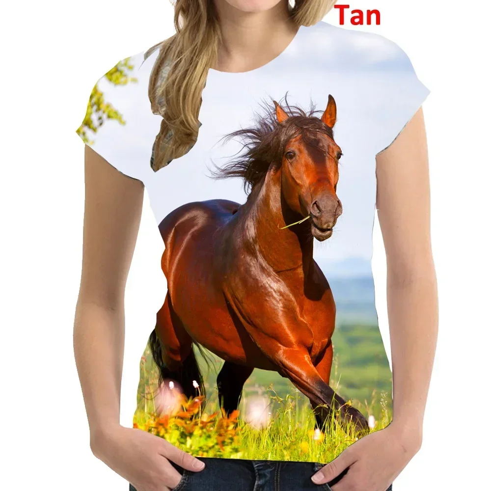 2023 moda feminina roupas cavalo impresso casual camiseta manga curta topos verão camiseta senhoras em torno do pescoço blusa topos
