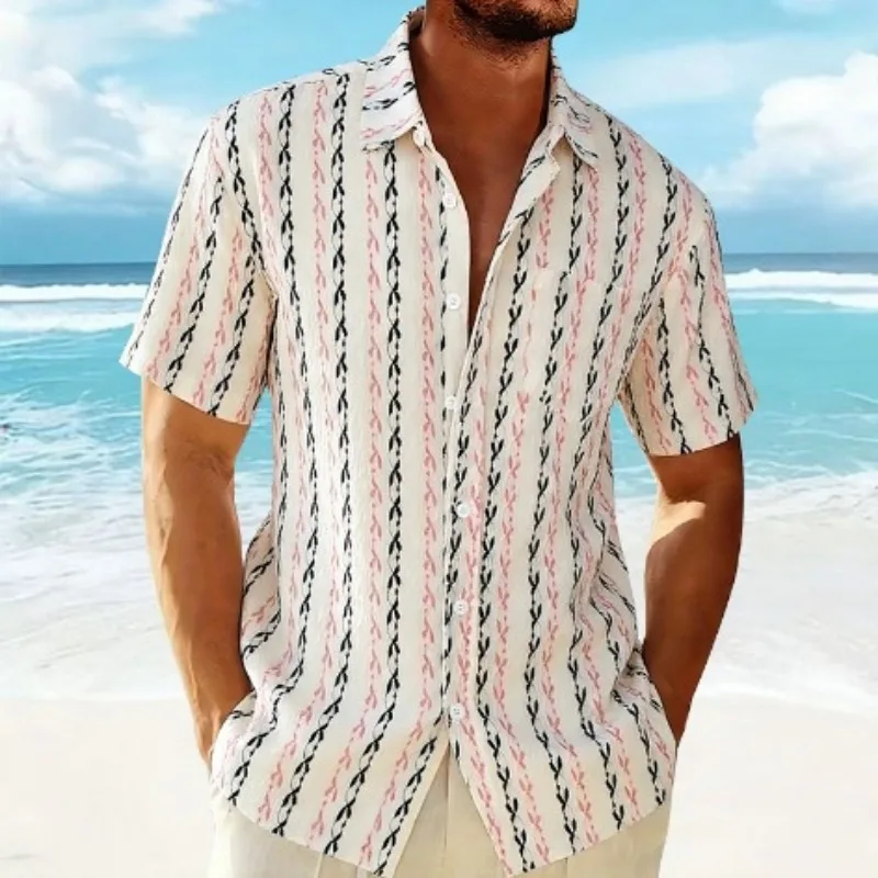 

Men's Vertical Striped Le Print Short Sleeve Button Down Shirt Casual Hawaiian Shirt for Summer Beach Vaion