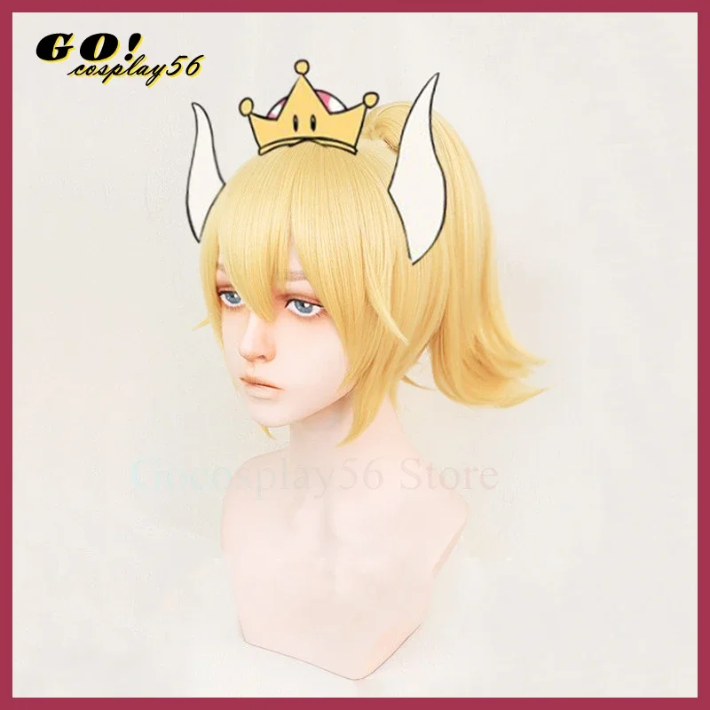 Princess Bowsette Cosplay Wig Gold Pigtail Peach Koopa Bowser Role Playing Adult Synthetic Hair