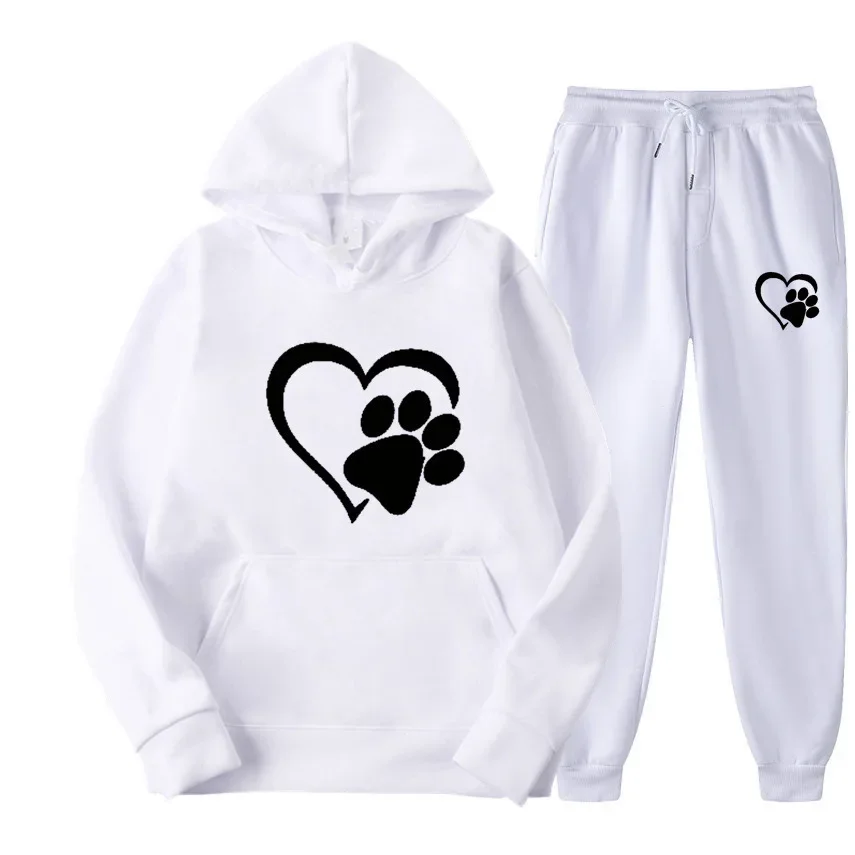 New Cute Dog PAWS And Heart-Shaped Print Hoodie Set Men's And Women's Casual Long Sleeve Set Fall/Winter Pullover Trousers Size