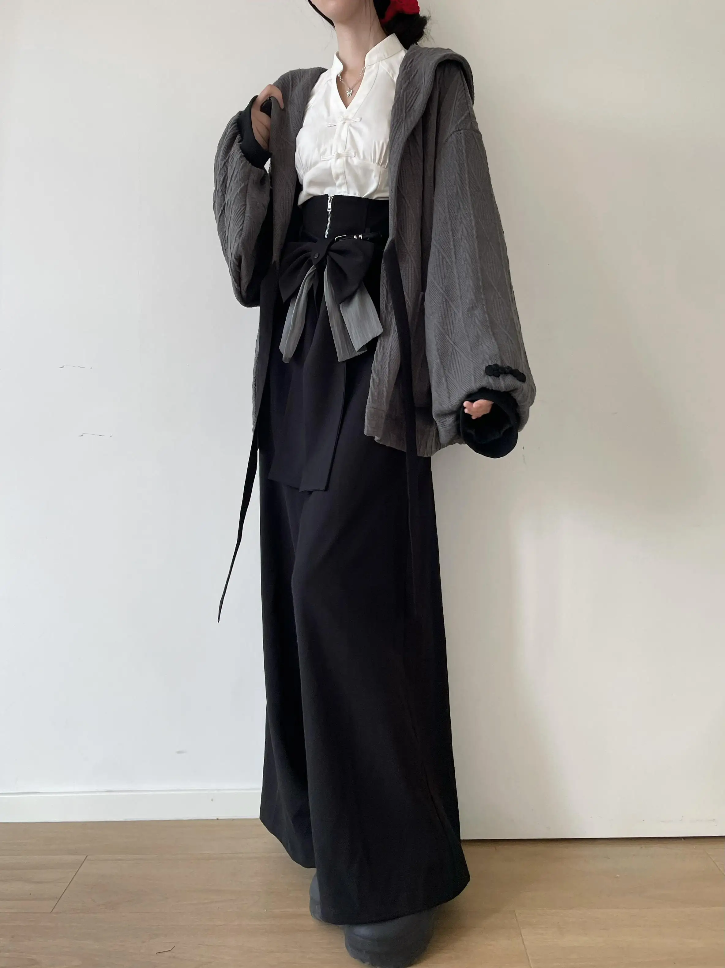 New Autumn Chinese Style Loose Knitted Cardigan Coat Slim White Shirt Wide-leg Pants Cool Knight Women Girls Pants Set Outfits