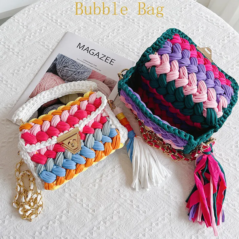 Fashion Colorful Crochet Women Handbags Tassel Thick Rope Woven Shoulder Crossbody Bags Knitted Small Flap Female Purses 2024